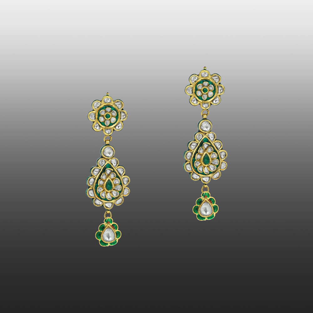 Teardrop Polki Earrings with Green Enamel and Floral Accents